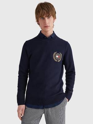 Swetry Tommy Hilfiger Icons Crest Embroidery Jumper Męskie Niebieskie | TH435IWY