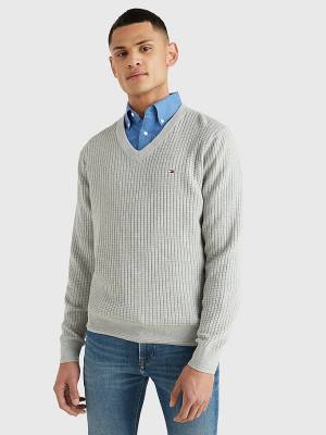 Swetry Tommy Hilfiger Knitted Grid Check V-Neck Jumper Męskie Szare | TH458LEF