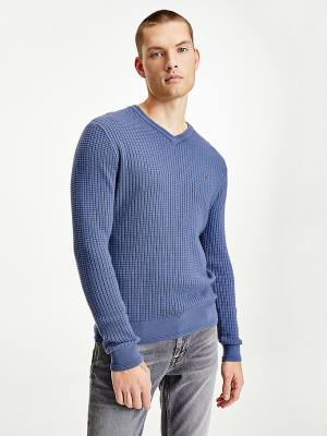 Swetry Tommy Hilfiger Knitted Grid Check V-Neck Jumper Męskie Niebieskie | TH719PXC