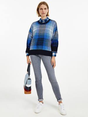 Swetry Tommy Hilfiger Organic Bawełniane Shadow Check Jumper Damskie Niebieskie | TH570FWA