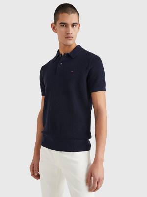 Swetry Tommy Hilfiger Pure Bawełniane Signature Detail Polo Męskie Niebieskie | TH453VNI