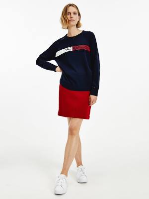 Swetry Tommy Hilfiger Signature Embroidery Organic Bawełniane Jumper Damskie Niebieskie | TH183BDW