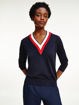 Swetry Tommy Hilfiger Tipped V-Neck Jumper Damskie Niebieskie | TH168EIB