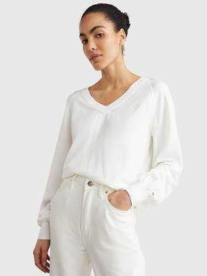 Swetry Tommy Hilfiger V-Neck Puff Sleeve Relaxed Fit Jumper Damskie Białe | TH456DJE