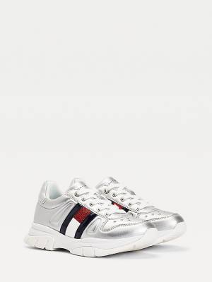 Trampki Tommy Hilfiger Glitter Flag Metallic Dziewczynka Srebrne | TH259NPV