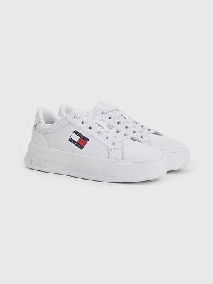 Trampki Tommy Hilfiger Skórzane Flatform Damskie Białe | TH045SAX