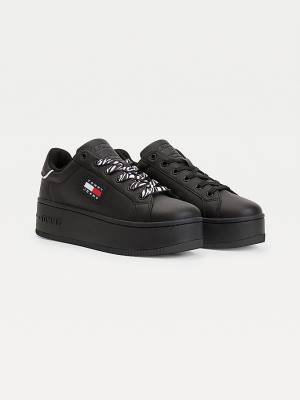 Trampki Tommy Hilfiger Skórzane Flatform Cupsole Damskie Czarne | TH643DWB