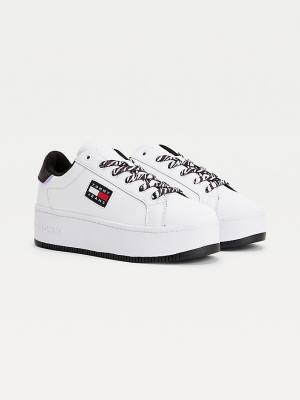 Trampki Tommy Hilfiger Skórzane Flatform Cupsole Damskie Białe | TH674JEV