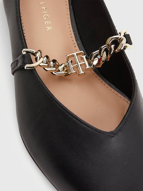 Baleriny Tommy Hilfiger Pointed Metalowym Chain Skórzane Damskie Czarne | TH207BGK