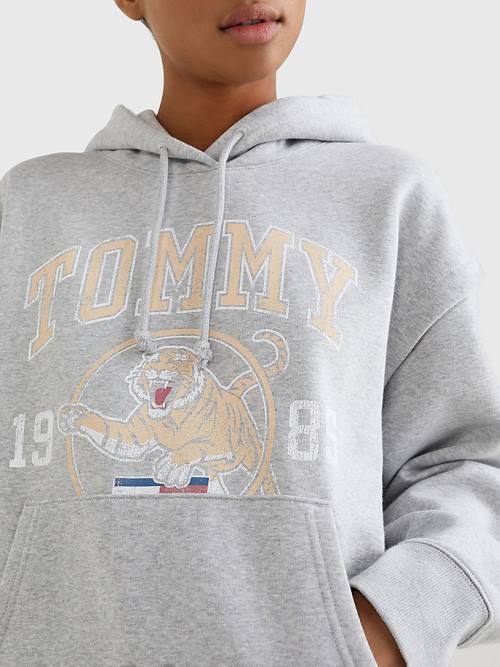 Bluzy Z Kapturem Tommy Hilfiger College Tiger Logo Relaxed Damskie Szare | TH350XOF