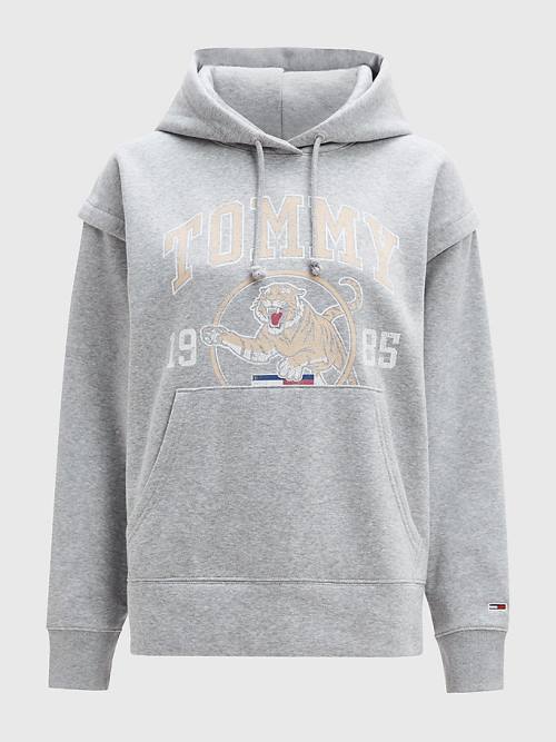 Bluzy Z Kapturem Tommy Hilfiger College Tiger Logo Relaxed Damskie Szare | TH350XOF