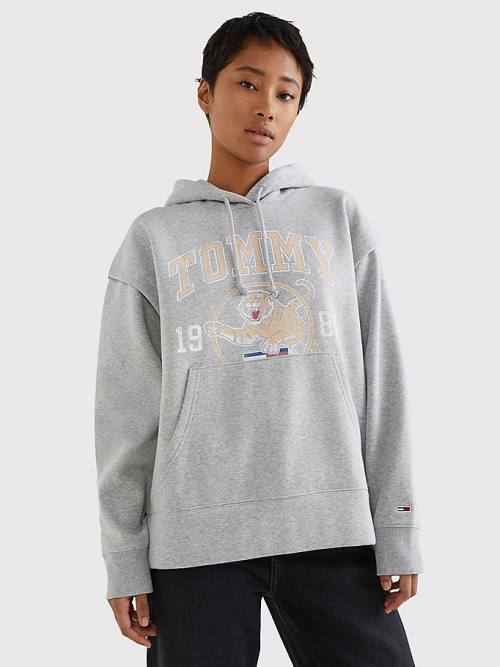 Bluzy Z Kapturem Tommy Hilfiger College Tiger Logo Relaxed Damskie Szare | TH350XOF