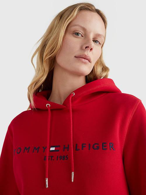 Bluzy Z Kapturem Tommy Hilfiger Logo Drawstring Regular Fit Damskie Czerwone | TH023DCI