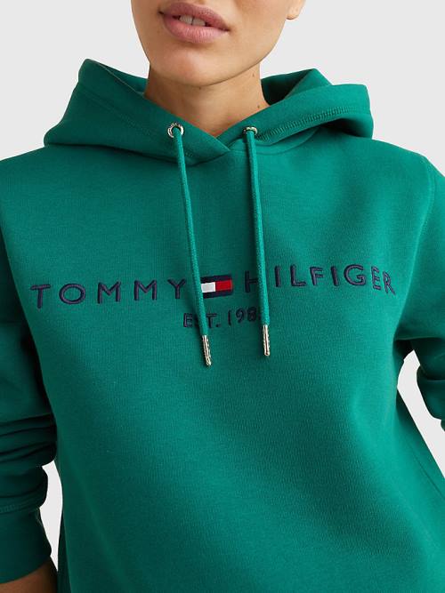 Bluzy Z Kapturem Tommy Hilfiger Logo Drawstring Regular Fit Damskie Zielone | TH172QDC