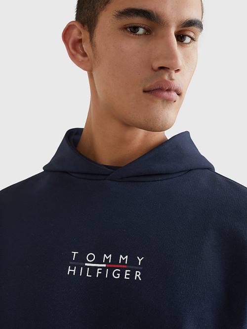 Bluzy Z Kapturem Tommy Hilfiger Logo Embroidery Męskie Niebieskie | TH234VQM