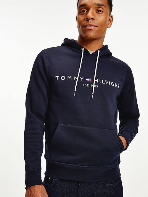 Bluzy Z Kapturem Tommy Hilfiger Logo Flex Fleece Męskie Niebieskie | TH987DKA