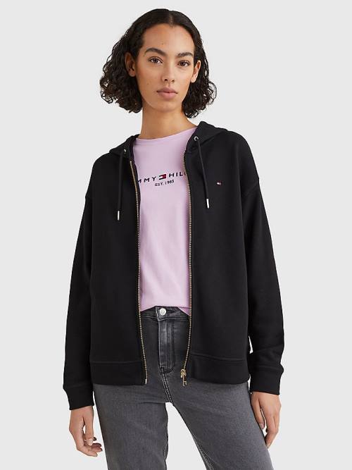 Bluzy Z Kapturem Tommy Hilfiger Organic Bawełniane Relaxed Fit Zip-Thru Damskie Czarne | TH803MNT