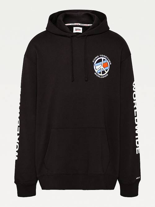 Bluzy Z Kapturem Tommy Hilfiger Plus Peace Logo Męskie Czarne | TH265JFZ