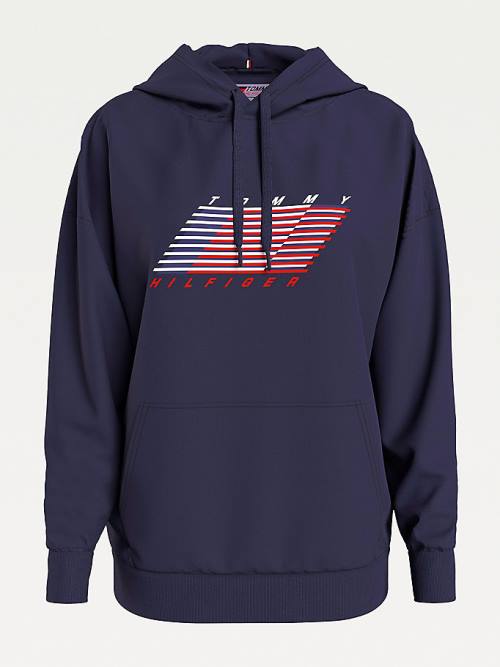 Bluzy Z Kapturem Tommy Hilfiger Sportowe TH Cool Relaxed Flag Damskie Niebieskie | TH843APB