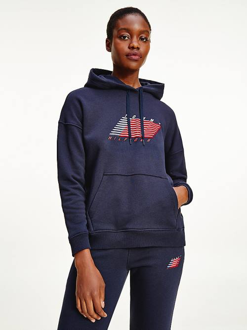 Bluzy Z Kapturem Tommy Hilfiger Sportowe TH Cool Relaxed Flag Damskie Niebieskie | TH843APB