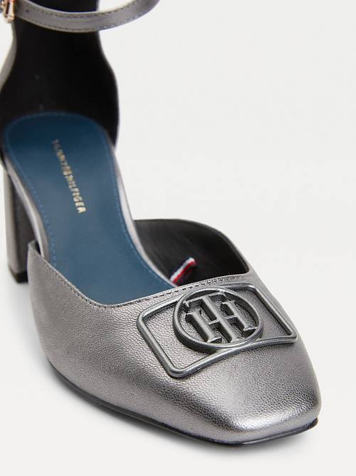 Botki Na Obcasie Tommy Hilfiger Metallic Skórzane Square Metalowym Pumps Damskie Szare | TH701RQO