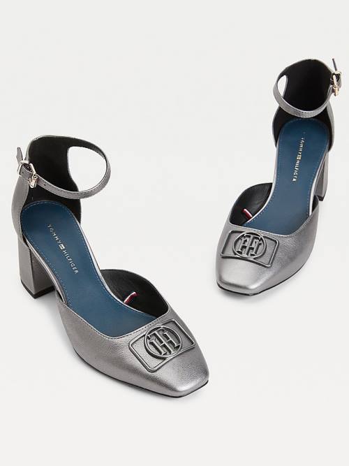 Botki Na Obcasie Tommy Hilfiger Metallic Skórzane Square Metalowym Pumps Damskie Szare | TH701RQO