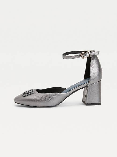 Botki Na Obcasie Tommy Hilfiger Metallic Skórzane Square Metalowym Pumps Damskie Szare | TH701RQO