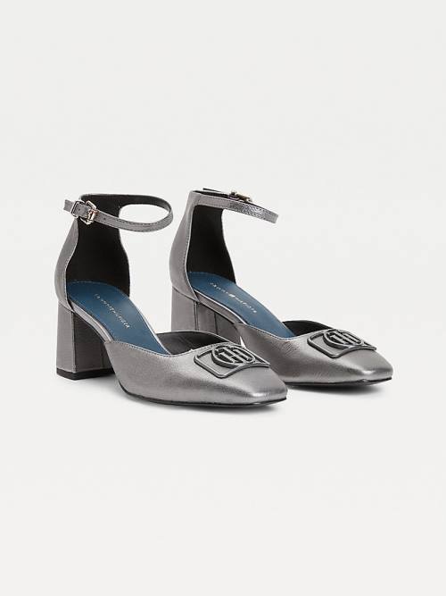 Botki Na Obcasie Tommy Hilfiger Metallic Skórzane Square Metalowym Pumps Damskie Szare | TH701RQO