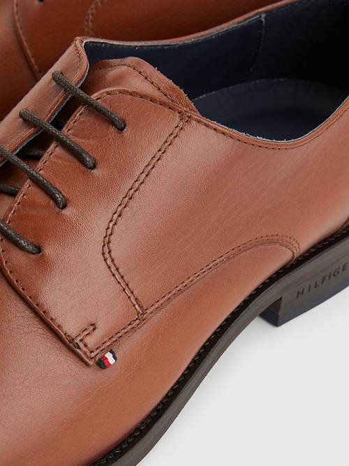 Buty Eleganckie Tommy Hilfiger Tonal Flag Skórzane Derby Męskie Brązowe | TH653PGS