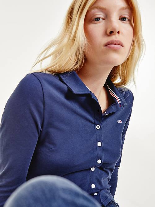 Koszulki Polo Tommy Hilfiger Essential Button-Through Long Sleeve Damskie Niebieskie | TH489SBH