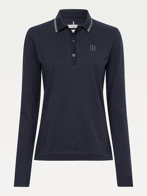 Koszulki Polo Tommy Hilfiger Long Sleeve Metallic Trim Damskie Czarne | TH457AER