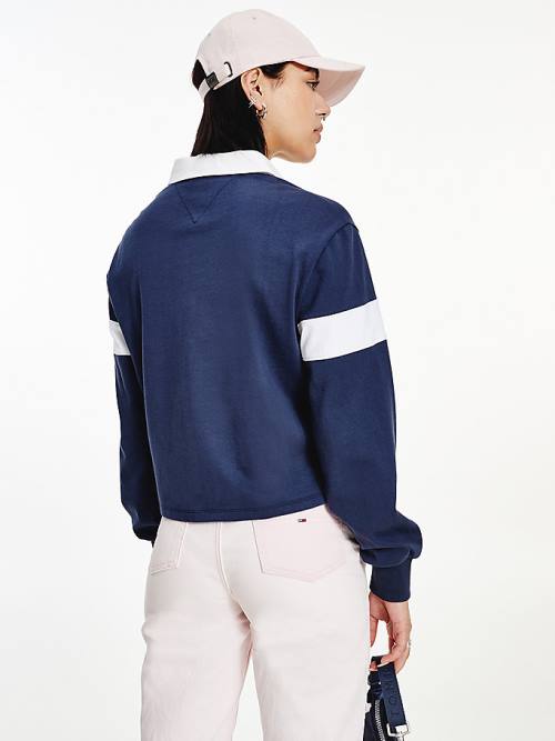 Koszulki Polo Tommy Hilfiger Long Sleeve Cropped Stripe Rugby Shirt Damskie Niebieskie | TH560FMP