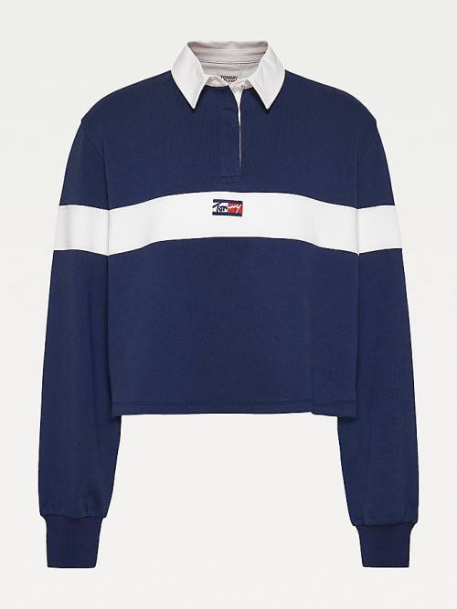 Koszulki Polo Tommy Hilfiger Long Sleeve Cropped Stripe Rugby Shirt Damskie Niebieskie | TH560FMP