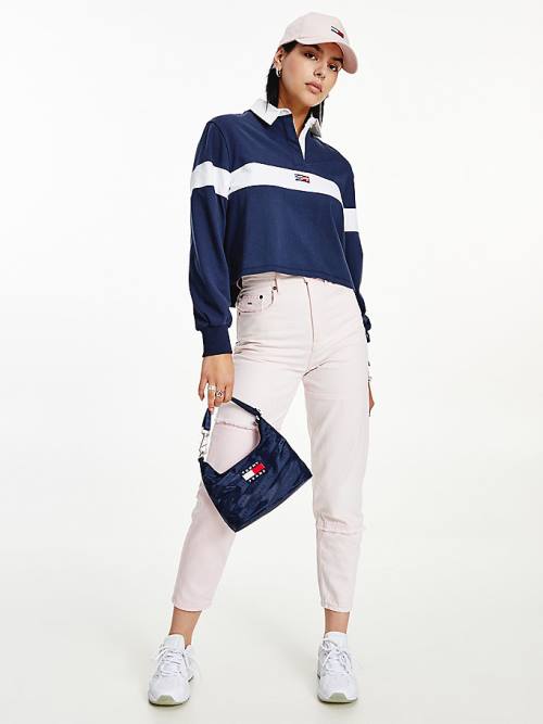 Koszulki Polo Tommy Hilfiger Long Sleeve Cropped Stripe Rugby Shirt Damskie Niebieskie | TH560FMP