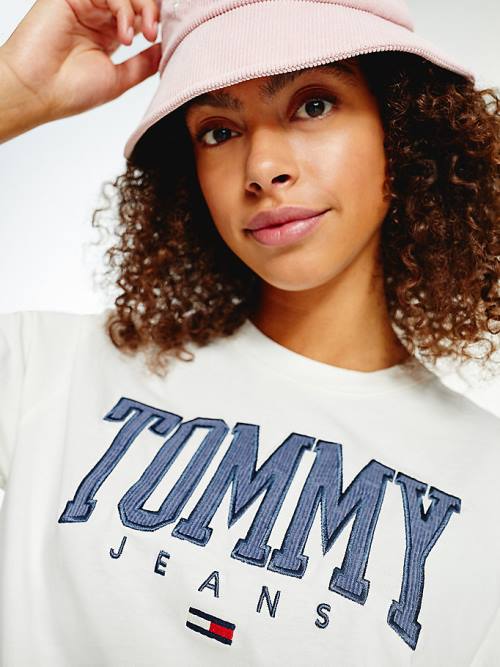 Koszulki Tommy Hilfiger College Organic Bawełniane Boyfriend Fit Damskie Białe | TH381EUJ