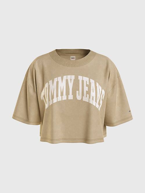 Koszulki Tommy Hilfiger College Oversized Cropped Damskie Beżowe | TH726RBH