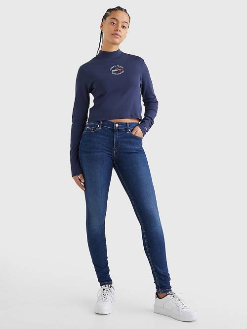 Koszulki Tommy Hilfiger Cropped Fit Long Sleeve Damskie Niebieskie | TH519UFR