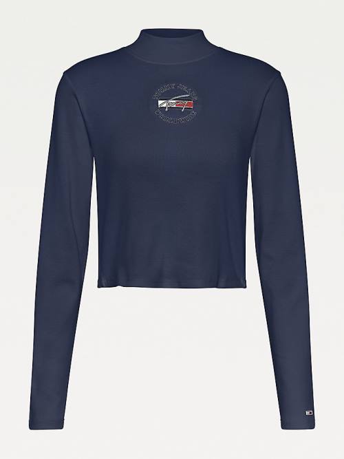 Koszulki Tommy Hilfiger Cropped Fit Long Sleeve Damskie Niebieskie | TH519UFR