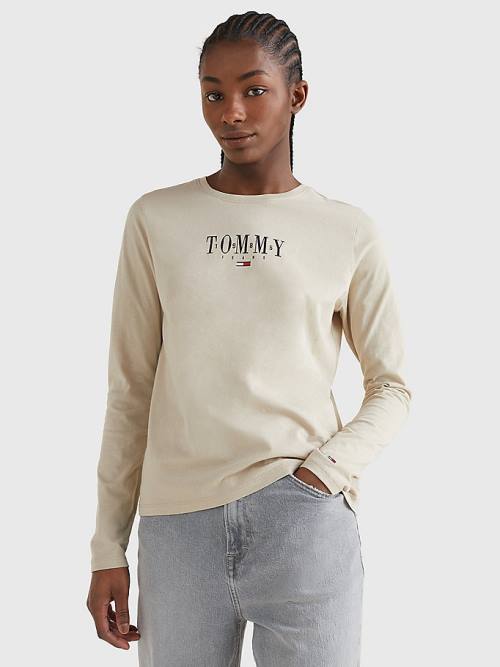 Koszulki Tommy Hilfiger Essential Logo Long Sleeve Damskie Beżowe | TH239TAF