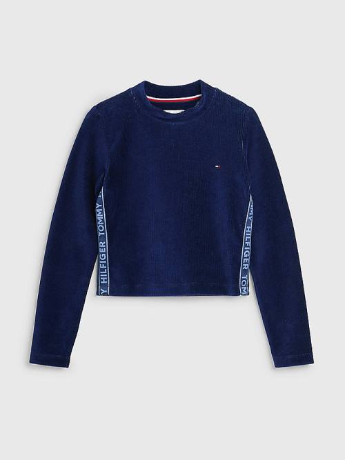 Koszulki Tommy Hilfiger Logo Tape Corduroy Long Sleeve Dziewczynka Niebieskie | TH142KSL