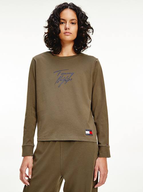 Koszulki Tommy Hilfiger Long Sleeve Lounge Signature Logo Damskie Khaki | TH256POY