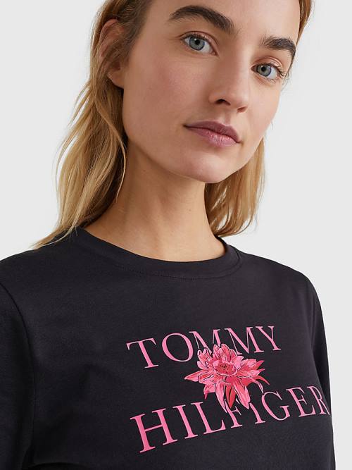 Koszulki Tommy Hilfiger Organic Bawełniane Floral Print Damskie Czarne | TH892NHF