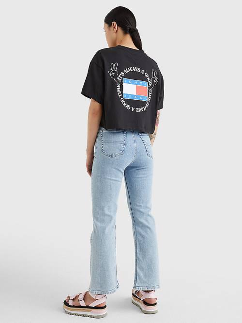 Koszulki Tommy Hilfiger Oversized Cropped Slogan Damskie Czarne | TH257VJZ