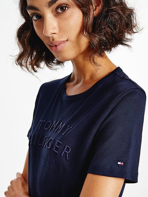 Koszulki Tommy Hilfiger Pure Organic Bawełniane Embroidery Damskie Niebieskie | TH091EJZ