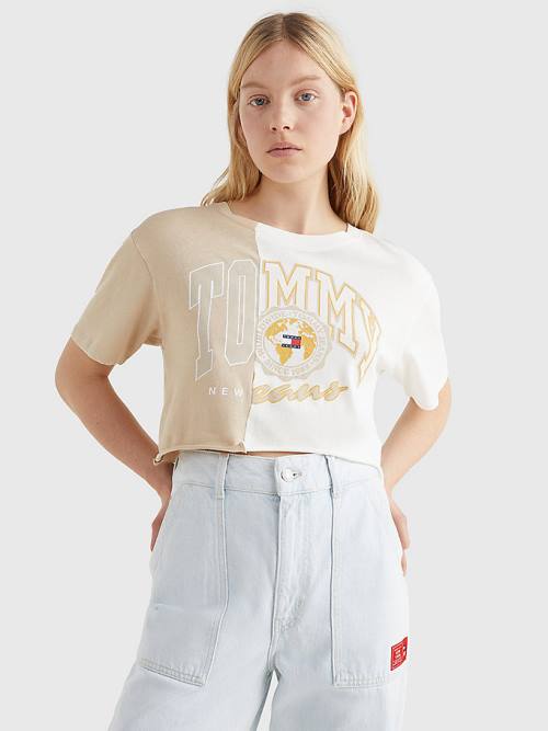 Koszulki Tommy Hilfiger Spliced Logo Cropped Damskie Beżowe | TH347SCW