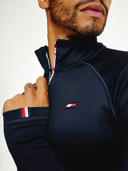 Koszulki Tommy Hilfiger Sportowe Tape Half-Zip Long Sleeve Męskie Niebieskie | TH982BIK