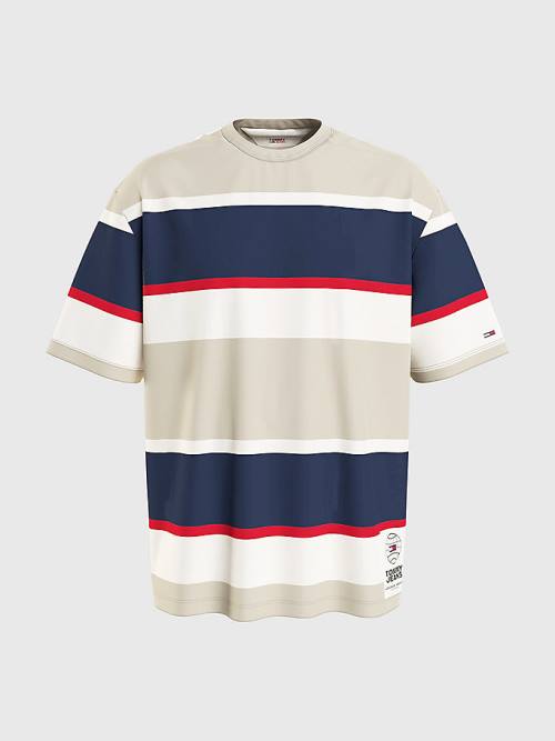 Koszulki Tommy Hilfiger Stripe Organic Bawełniane Męskie Beżowe | TH809HYG