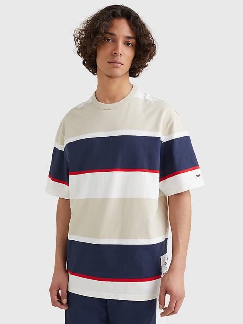 Koszulki Tommy Hilfiger Stripe Organic Bawełniane Męskie Beżowe | TH809HYG