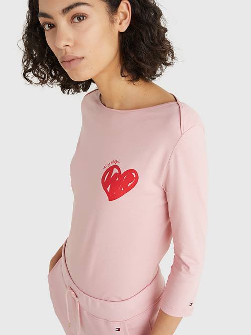 Koszulki Tommy Hilfiger Valentines Heart Print Łódź Neck Damskie Różowe | TH426PKS