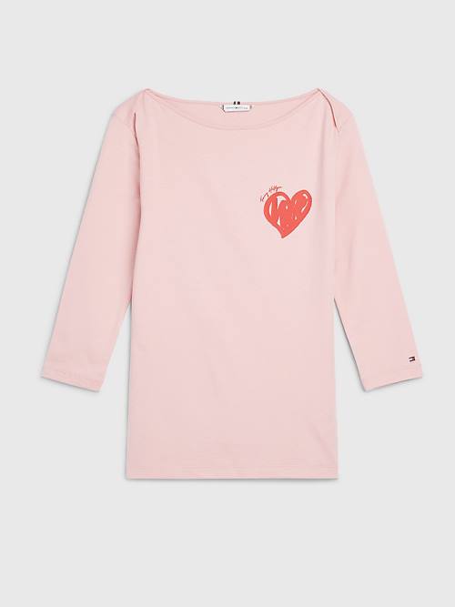 Koszulki Tommy Hilfiger Valentines Heart Print Łódź Neck Damskie Różowe | TH426PKS